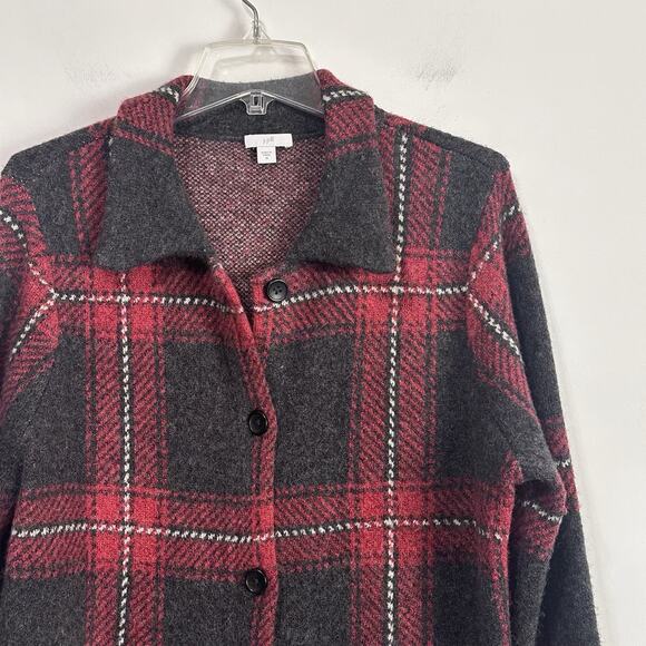 J Jill Coat M Red Black Plaid Wool Blend Button Front Jacket Shacket Trendy Fall - Picture 3 of 9